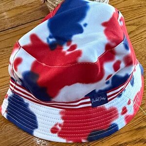Packed Party America themed red, white and blue tie dye bucket hat. Small
